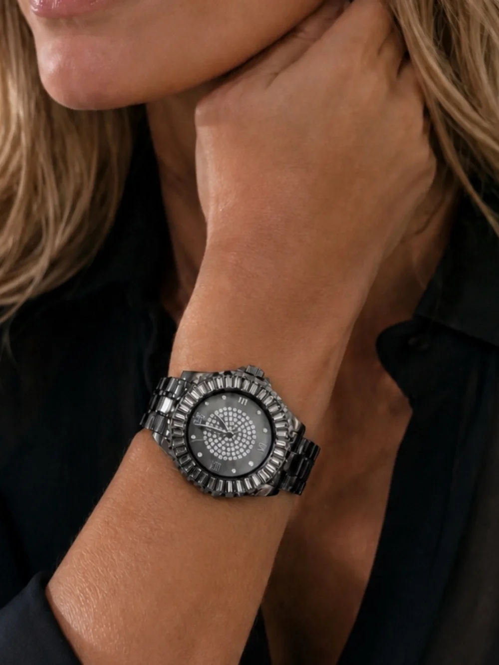 Curations by Stefani Greenfield  Pavé Crystal Watch in Gunmetal w/Baguette Bezel